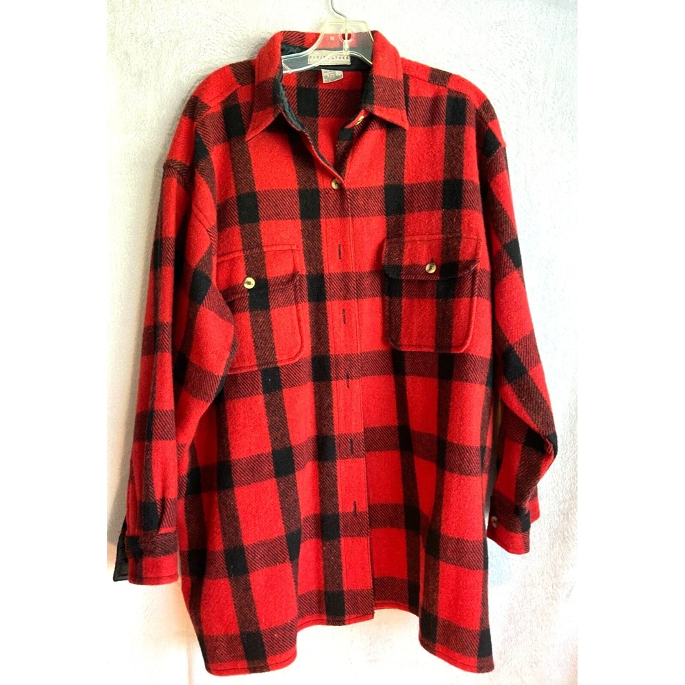 Vtg Robert Stock Button Up Wool Blend Oversize Shirt Jacket Men's Sz L Plaid Red